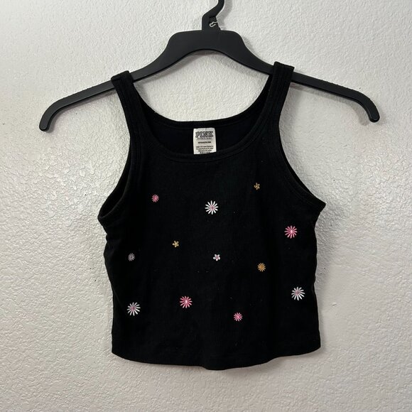 PINK Embroidered Flower Cropped Tank Top Shelf Bra Floral - Picture 2 of 8